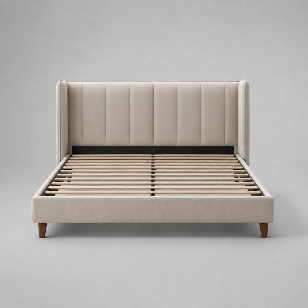 Letto matrimoniale imbottito in tessuto beige con testiera rettangolare e rete a doghe, 160 x 200 cm