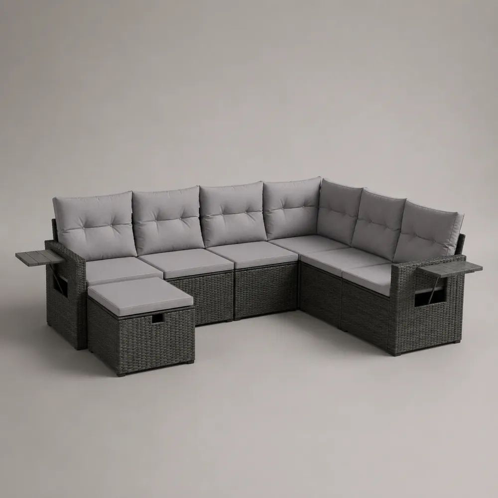 Set divano angolare da giardino a 6 posti con pouf in polyrattan antracite e cuscini grigi, 255 x 255 x 74 cm