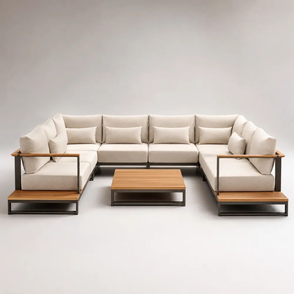 Set salotto da giardino a 6 posti con divano modulare a U e tavolino in acciaio e legno, cuscini beige, 350 x 220 x 78 cm