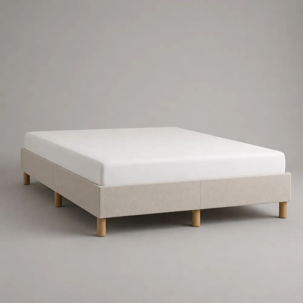 Letto matrimoniale imbottito 160 x 200 cm, 2 basi in legno e poliestere beige con gambe color naturale