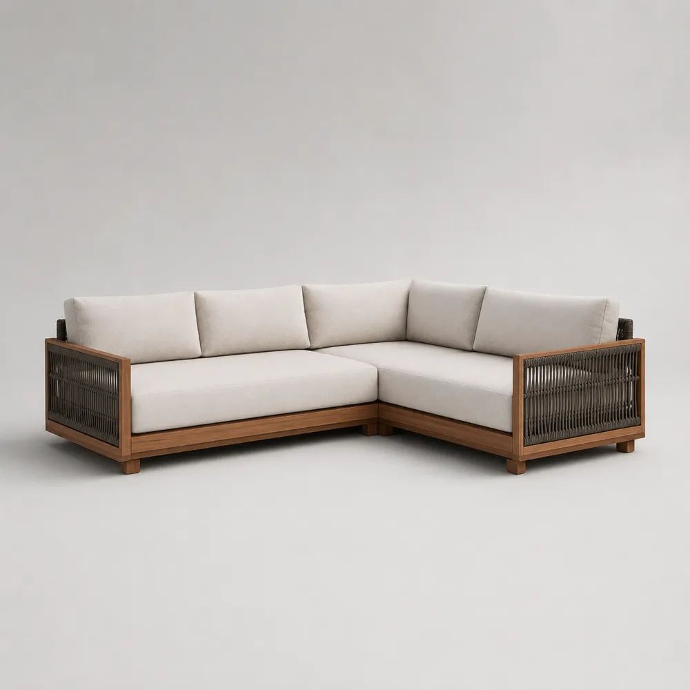 Divano angolare da esterno a 5 posti in 2 moduli, legno massello di acacia e corda PP, cuscini beige, 265 x 210 x 76 cm