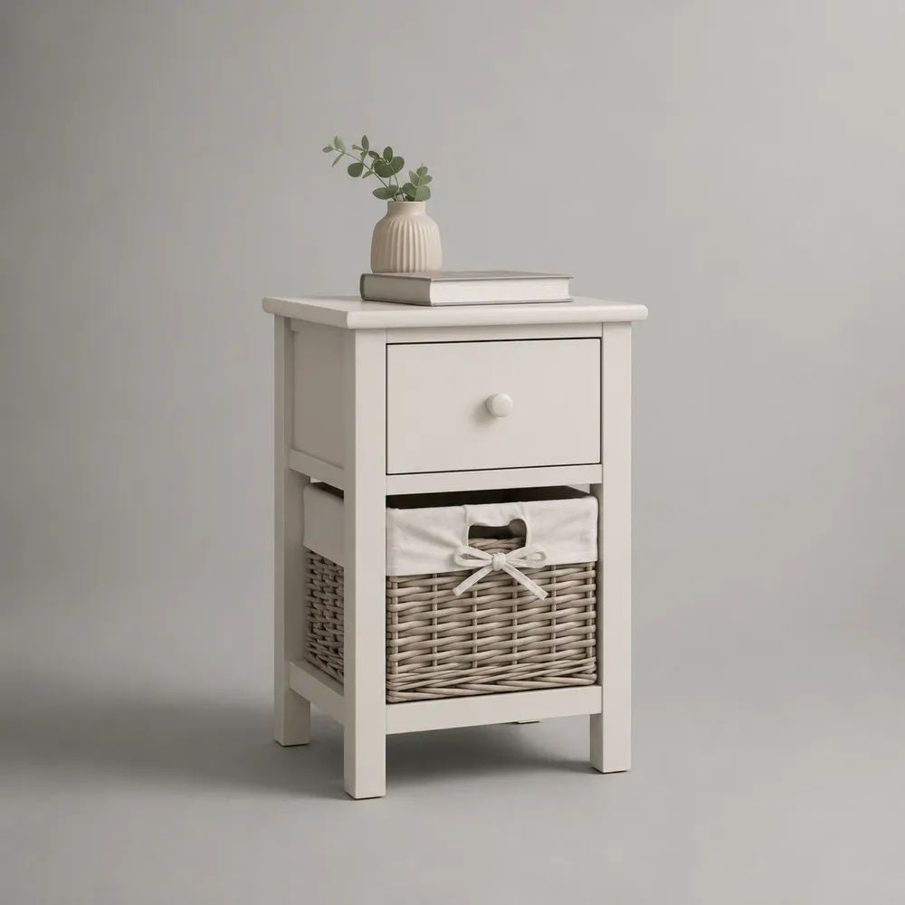 Comodino con cassetto e cestino in MDF, pino massello e salice intrecciato, bianco, 40 × 35 × 65 cm