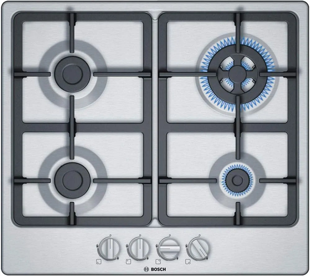 Bosch Serie 4 Pgh6B5B90 Piano cottura a gas, 60 Cm, 3 fuochi, ghisa, acciaio inox, fornello a gas, Bruciatore Wok: Potenza Fino a 3, 3 zone + Wok
