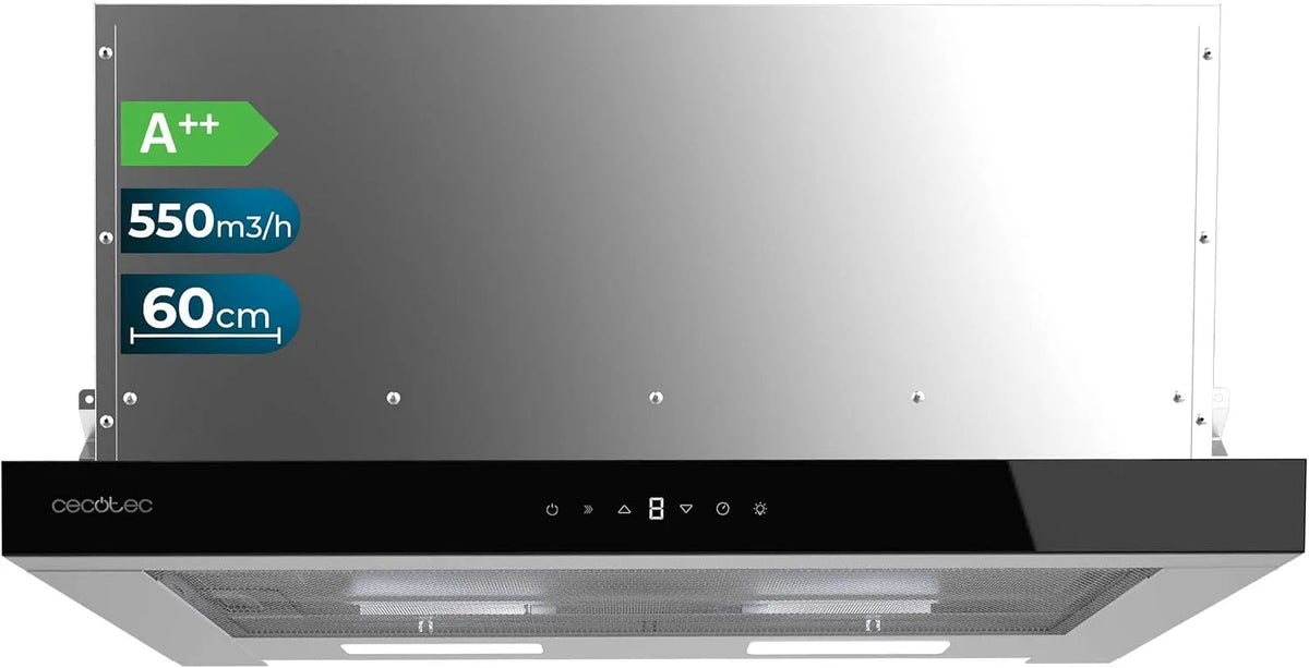 Cecotec Cappa aspirante, 60 cm, 550 m3/h, cappa da cucina, touch, nero, Motore 70W, Aspirazione 550m3, Basso Consumo, Fronte Vetro, Controllo Tattile