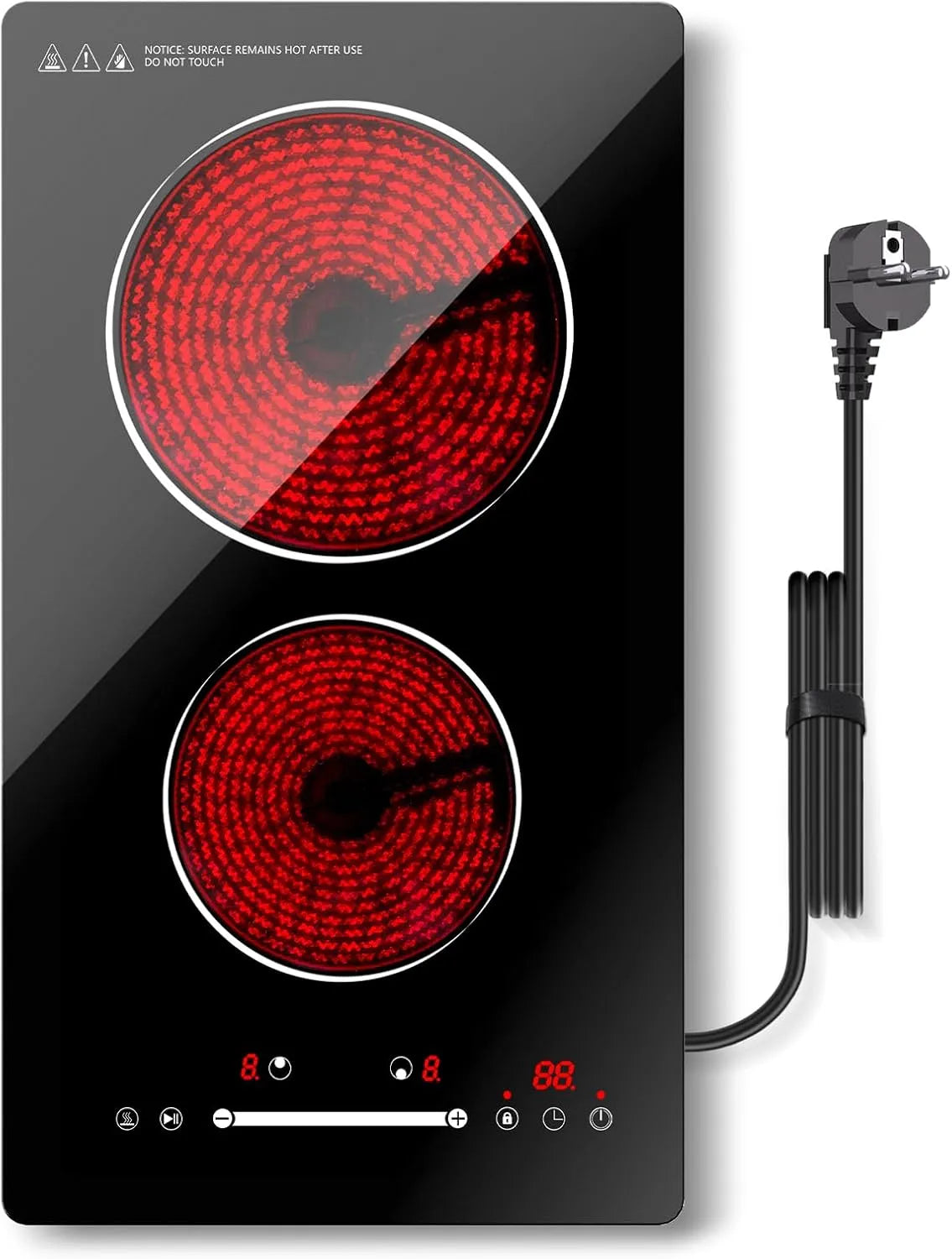 Piano cottura in vetroceramica, 30cm, 2 fuochi, 3000 W, touch, timer, 3000W, Design integrato, Blocco di Sicurezza