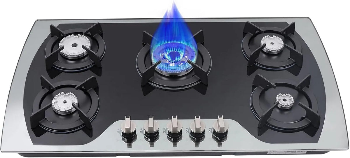 Piano cottura a gas, 5 fuochi, da incasso, acciaio inox, fornello a gas, con controllo automatico della fiamma, potente