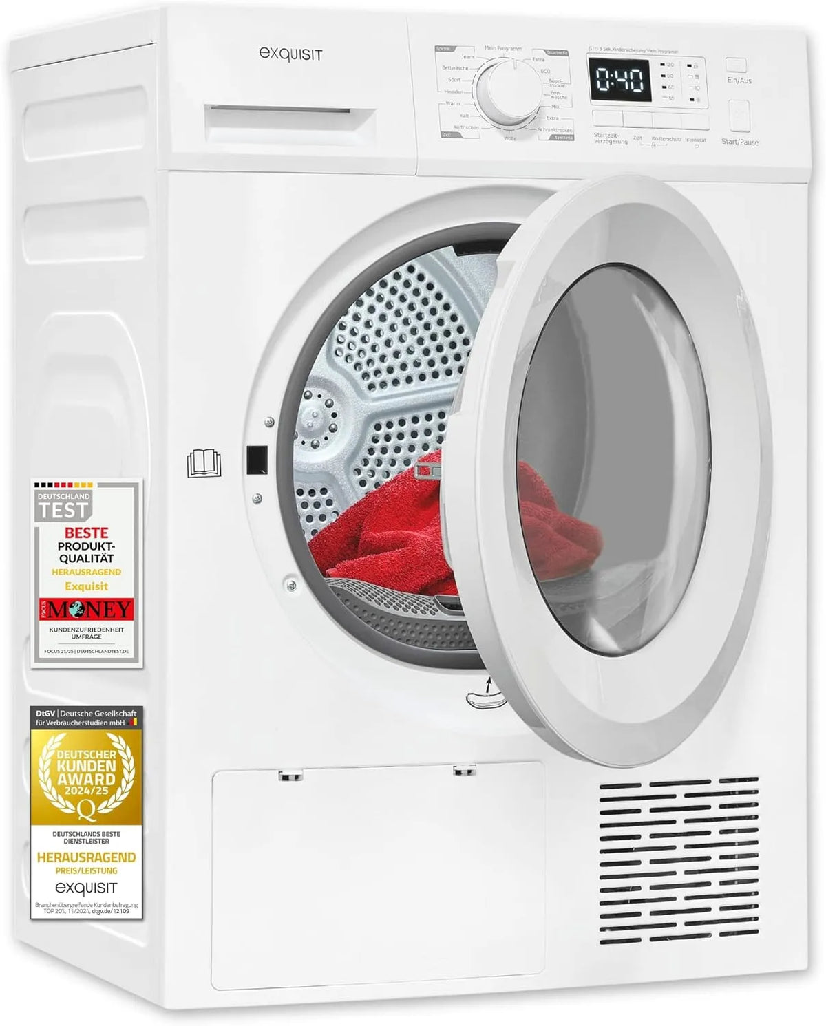 Exquisit TWP803-031D Asciugatrice, 16 programmi, 8 kg, bianco, illuminazione interna a LED, protezione antipiega, sicurezza bambini, ritardo di avvio