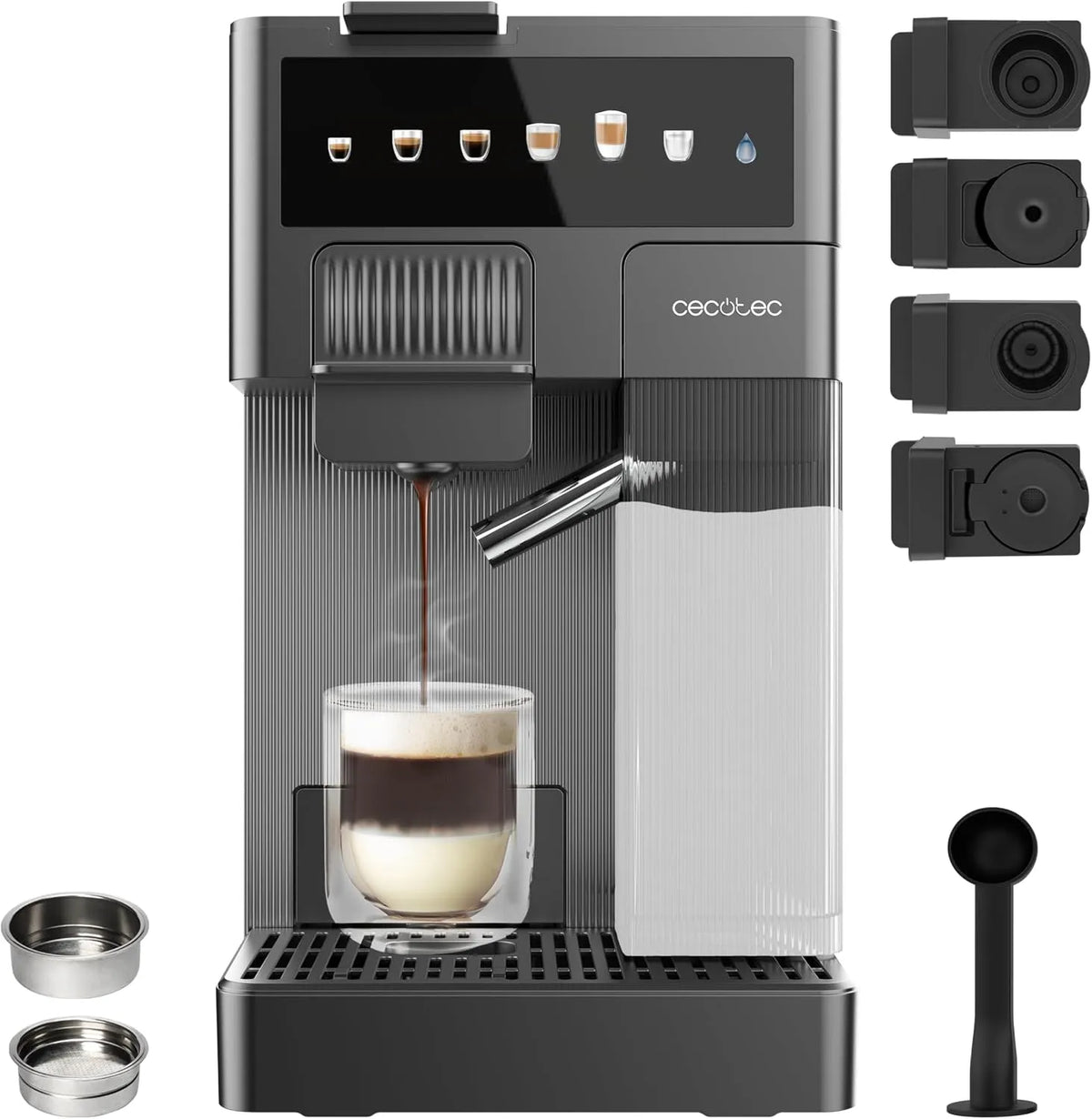 Nespresso Macchina Caffè a Capsule FreeStyle Latte T. 1350W, Cecotec Macchina per Caffè Espresso, 20Bar, Serbatoio 1, 6L di Acqua e 400ml di Latte