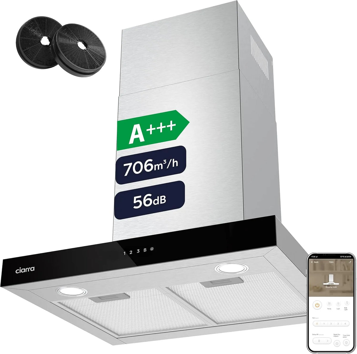 CIARRA CBCS6102 Cappa aspirante, 60 cm, 706 m3/h, classe energetica A, cappa da cucina, touch