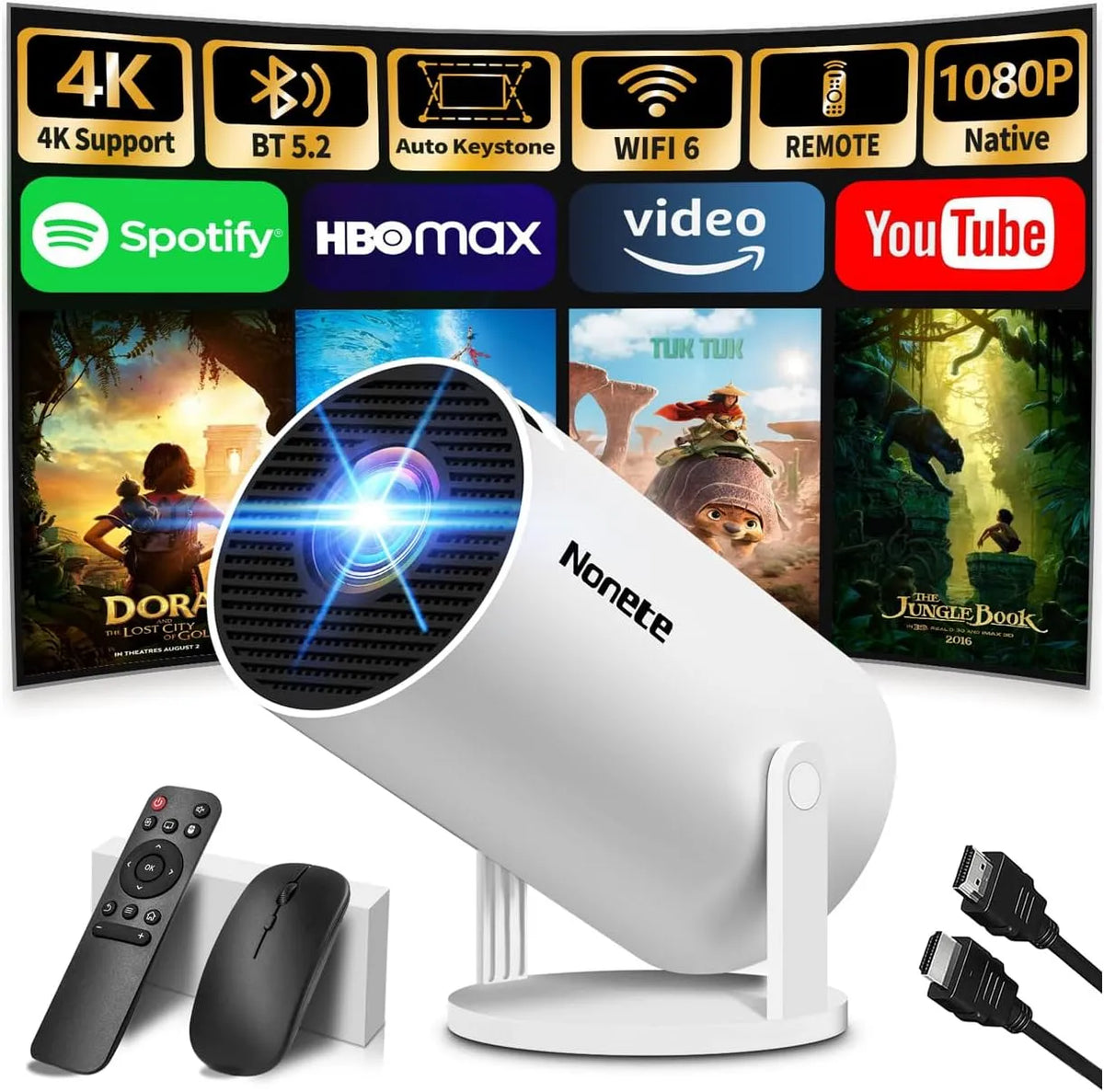Smart TV, televisore, Proiettore 1080P, 4K UHD, HDMI, USB, Wi-Fi, portatile, Full HD, bianco, 2026 Upgraded, FHD