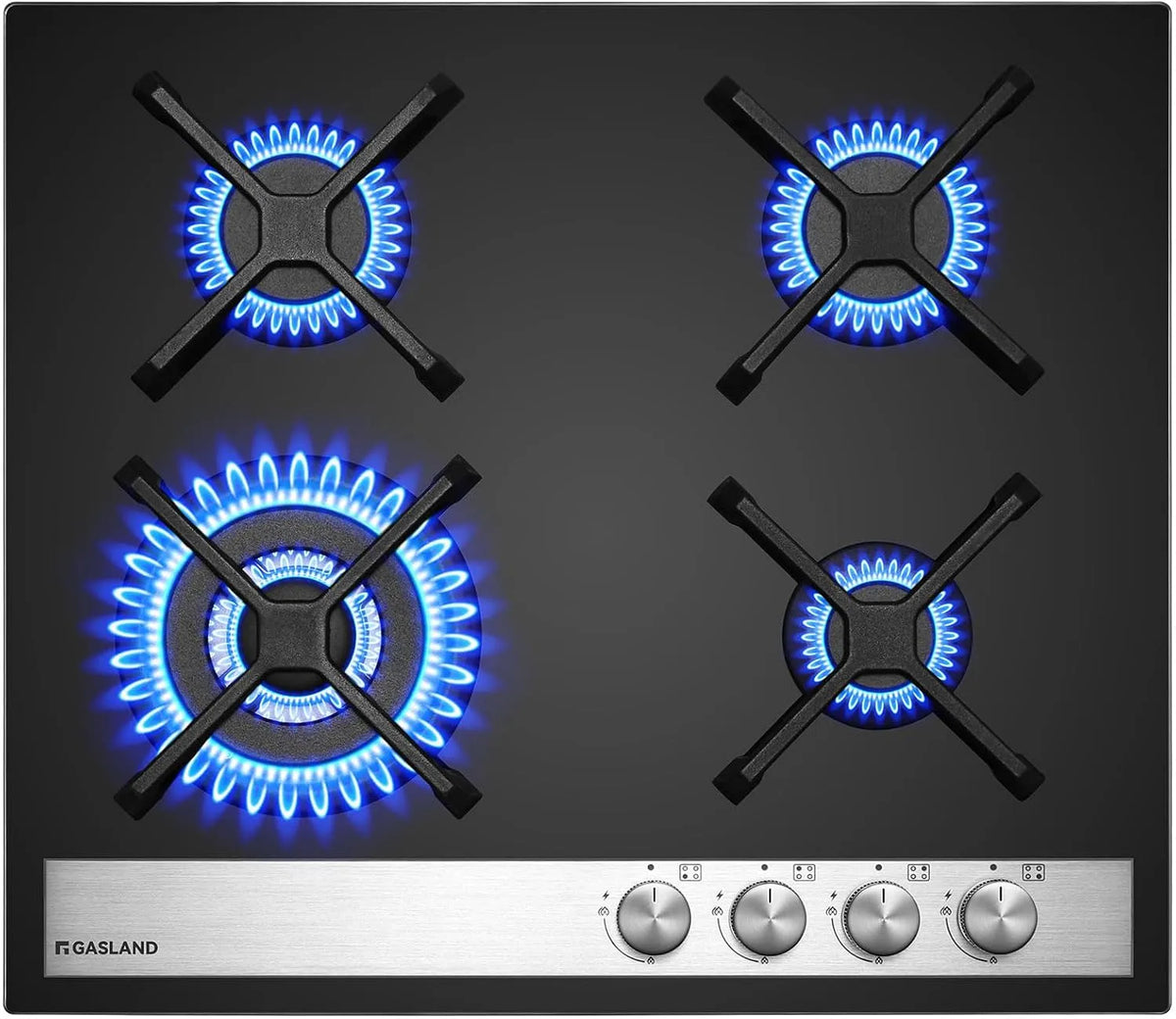 Piano cottura a gas, 60 cm, 4 fuochi, GASLAND GH6604BG1FC, da incasso, fornello a gas, nero, Fornello Butano 8000 Watt, Vetro Nero, GPL, Gas Naturale
