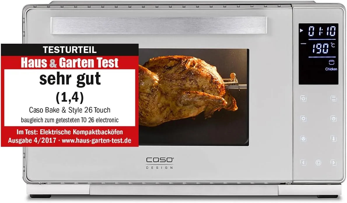 Caso Forno elettrico, 9 programmi, 30 a 230 °C, touch, timer, 2 zone di temperatura, spiedo girevole e pietra, ideale per cuocere, arrostire