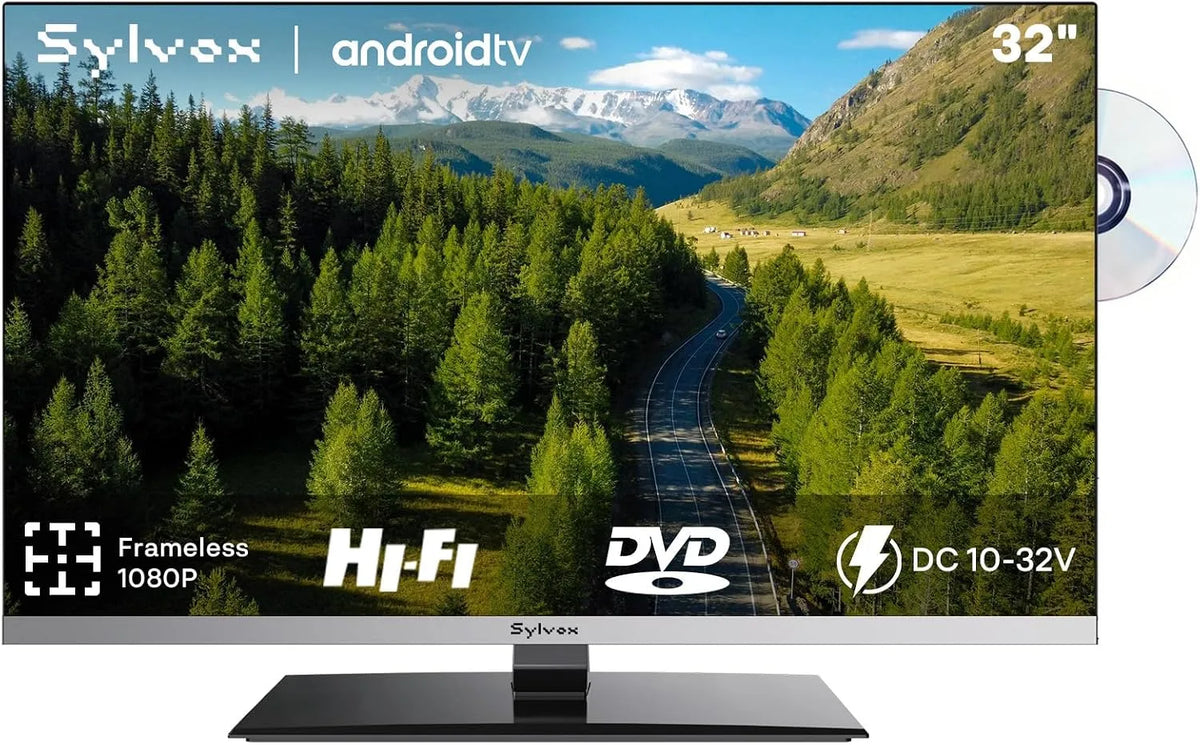Smart TV, 32 pollici, 12 V, televisore, SYLVOX 1080P, Android OS, Lettore DVD Integrato, 81cm, Android 12V TV per Camper