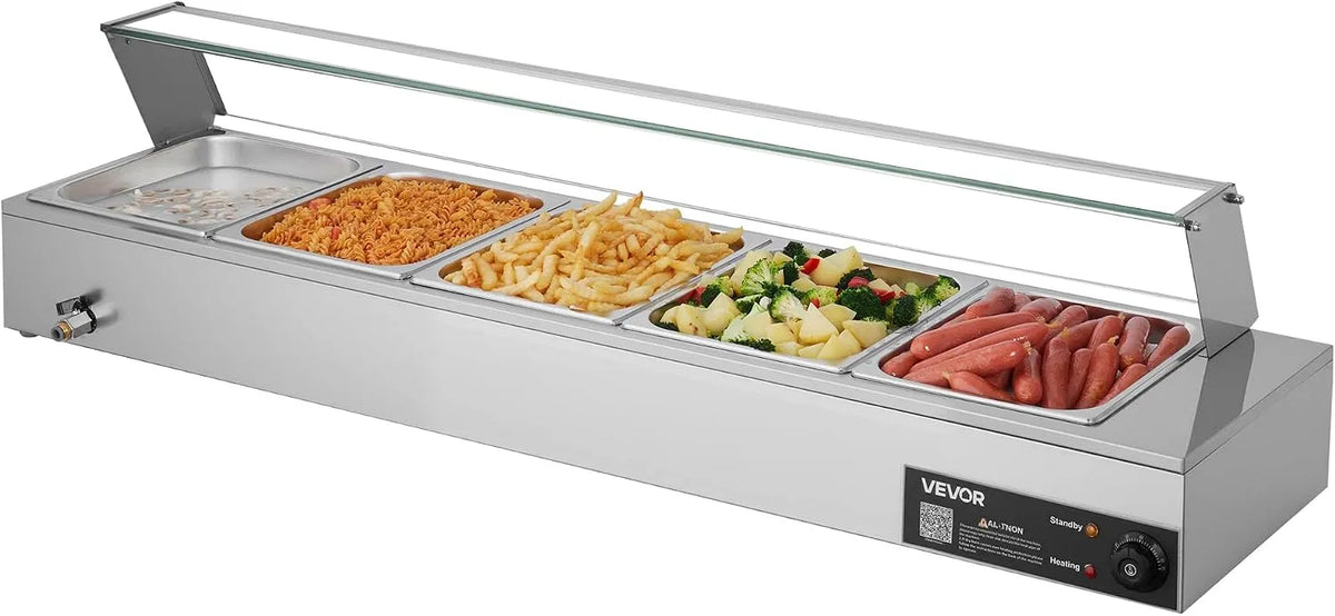 VEVOR Contenitori per Buffet, Scaldavivande Commerciale con Coperchio in Vetro e 5 Contenitori Scaldavivande da 1500 W in Acciaio Inossidabile, per