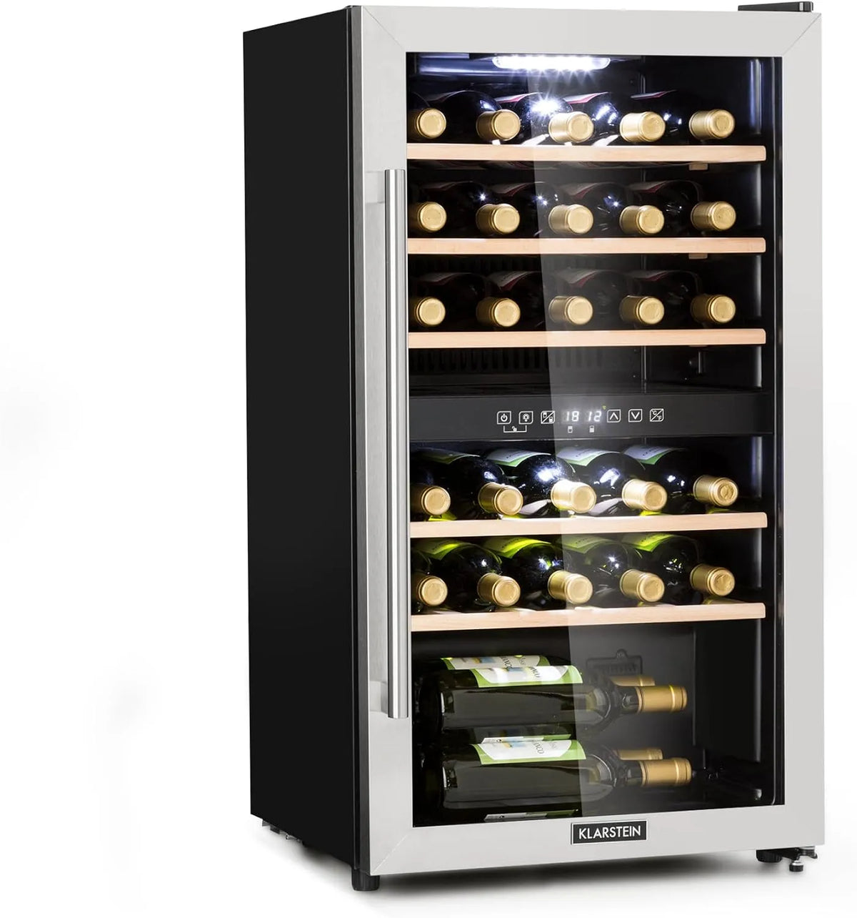 Klarstein Cantinetta vino, 29 bottiglie, 5 a 22 °C, touch, Mini Bar con Protezione UV, Frigo Bar, Frigo Touch, Cantinetta Vino Refrigerata a Zona