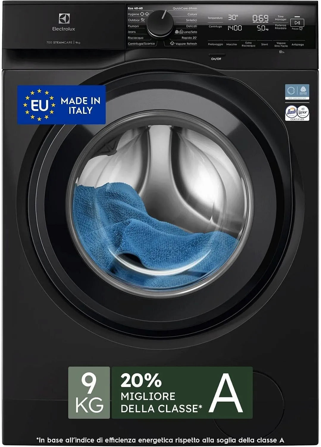 Electrolux EW7F49DG Lavatrice, 9 kg, classe energetica A, Electrolux Lavatrice a carica frontale 9 kg Classe A EW7F49DG Nera