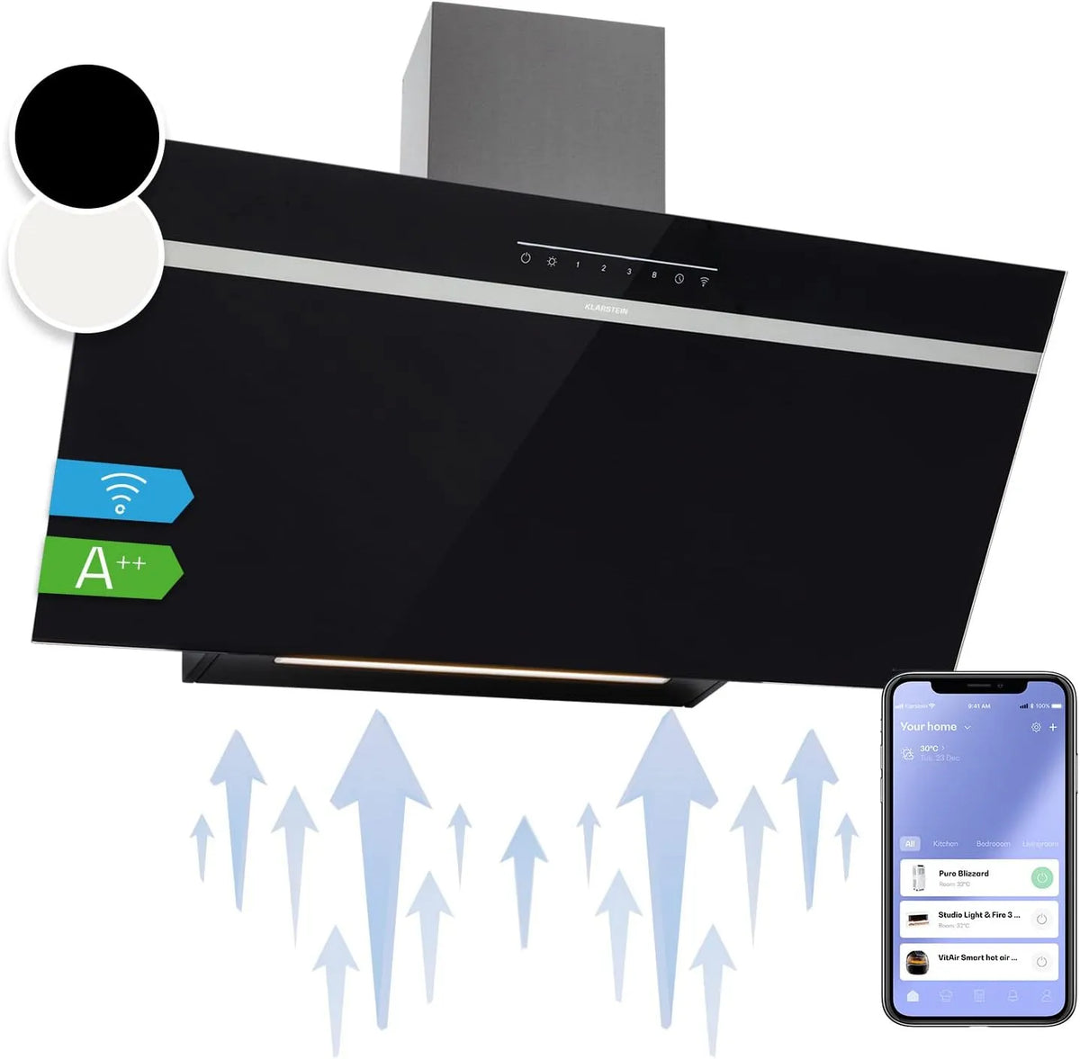 Klarstein Cappa aspirante, 90 cm, 585 m3/h, classe energetica A, cappa da cucina, da incasso, Wi-Fi, LED RGB, Flusso d'Aria 585m3, IoT