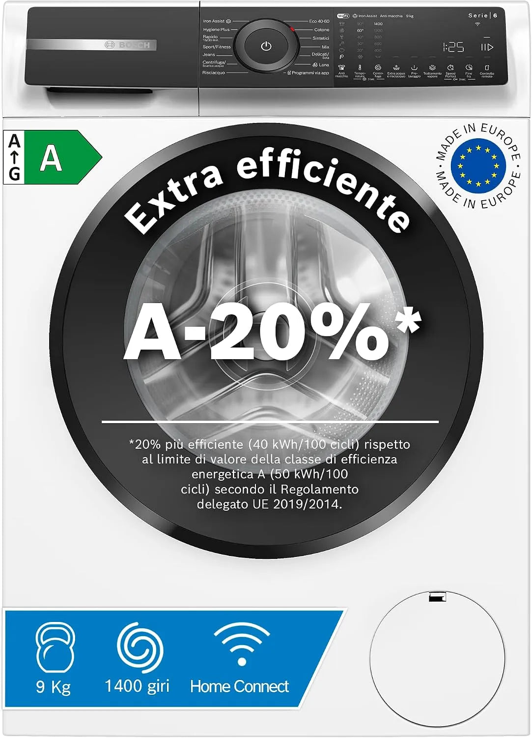 Bosch Serie 6 WGH24400IT Lavatrice, 60 Cm, 9 kg, Inverter, bianco, Efficienza energetica A -20%, 1400 giri, riduce le pieghe