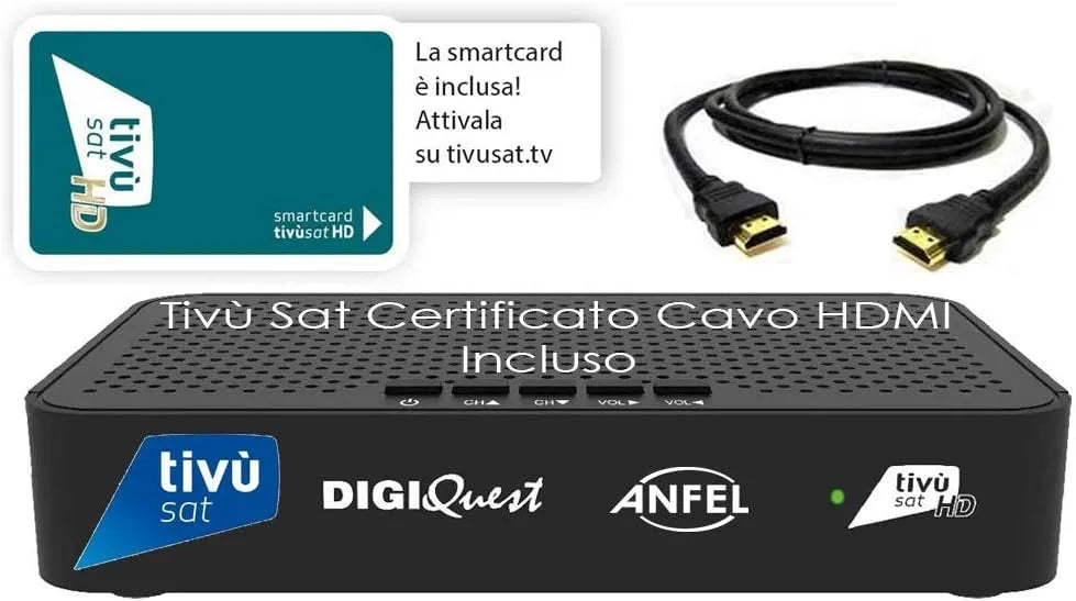 satellitare DVB-S2 Tivusat con scheda HD Tivusat inclusa CERTIFICATO DAZN Su Tivùsat MAIN 10 HEVC SCR e DCSS cavo HDMI INCLUSO, Ricevitore H265