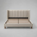 Letto matrimoniale imbottito in tessuto beige con testiera rettangolare e rete a doghe, 160 x 200 cm