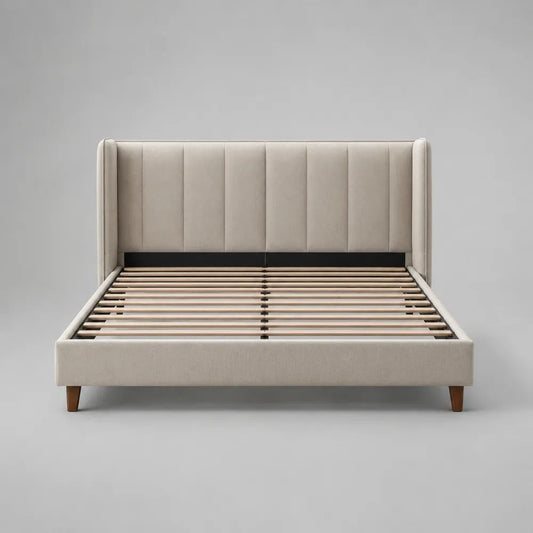Letto matrimoniale imbottito in tessuto beige con testiera rettangolare e rete a doghe, 160 x 200 cm