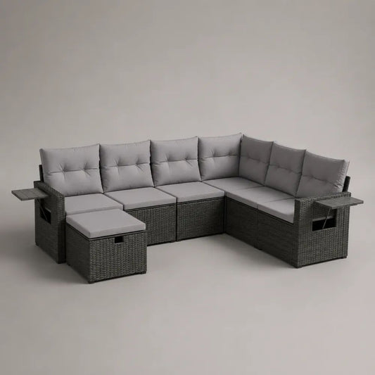 Set divano angolare da giardino a 6 posti con pouf in polyrattan antracite e cuscini grigi, 255 x 255 x 74 cm