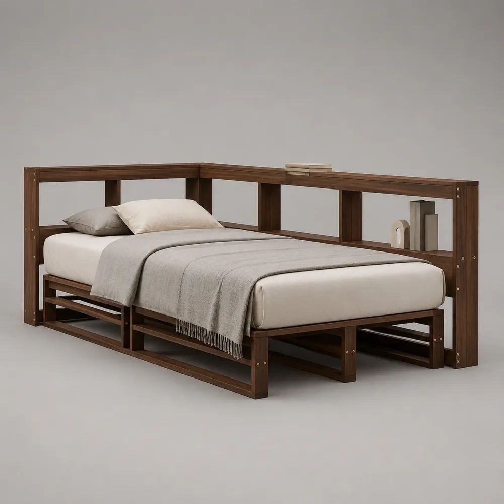 Letto matrimoniale in legno marrone noce con rete a doghe e ripiani perimetrali, materasso 160 × 200 cm, 240 × 220 × 110 cm