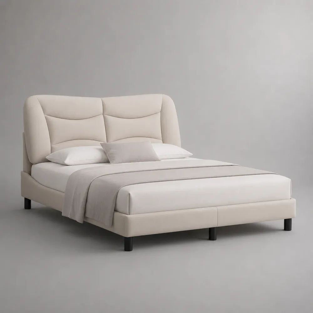 Letto matrimoniale imbottito in tessuto bianco crema 180 x 220 x 120 cm, rete 160 x 200 cm e testiera alta