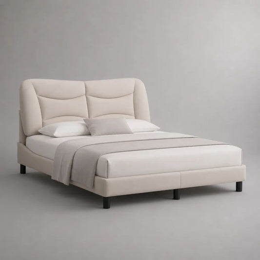 Letto matrimoniale imbottito in tessuto bianco crema 180 x 220 x 120 cm, rete 160 x 200 cm e testiera alta