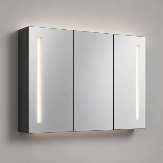 Armadietto da bagno sospeso con specchio LED, 3 ante in vetro argentato e MDF, grigio antracite, 100 × 70 × 15 cm