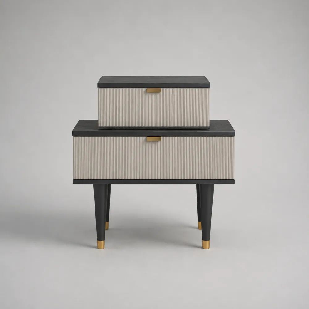 Comodino modulare rettangolare a 2 cassetti in MDF e legno, nero, beige e dorato, 70 x 38 x 68 cm