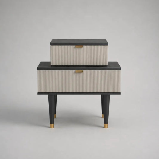 Comodino modulare rettangolare a 2 cassetti in MDF e legno, nero, beige e dorato, 70 x 38 x 68 cm