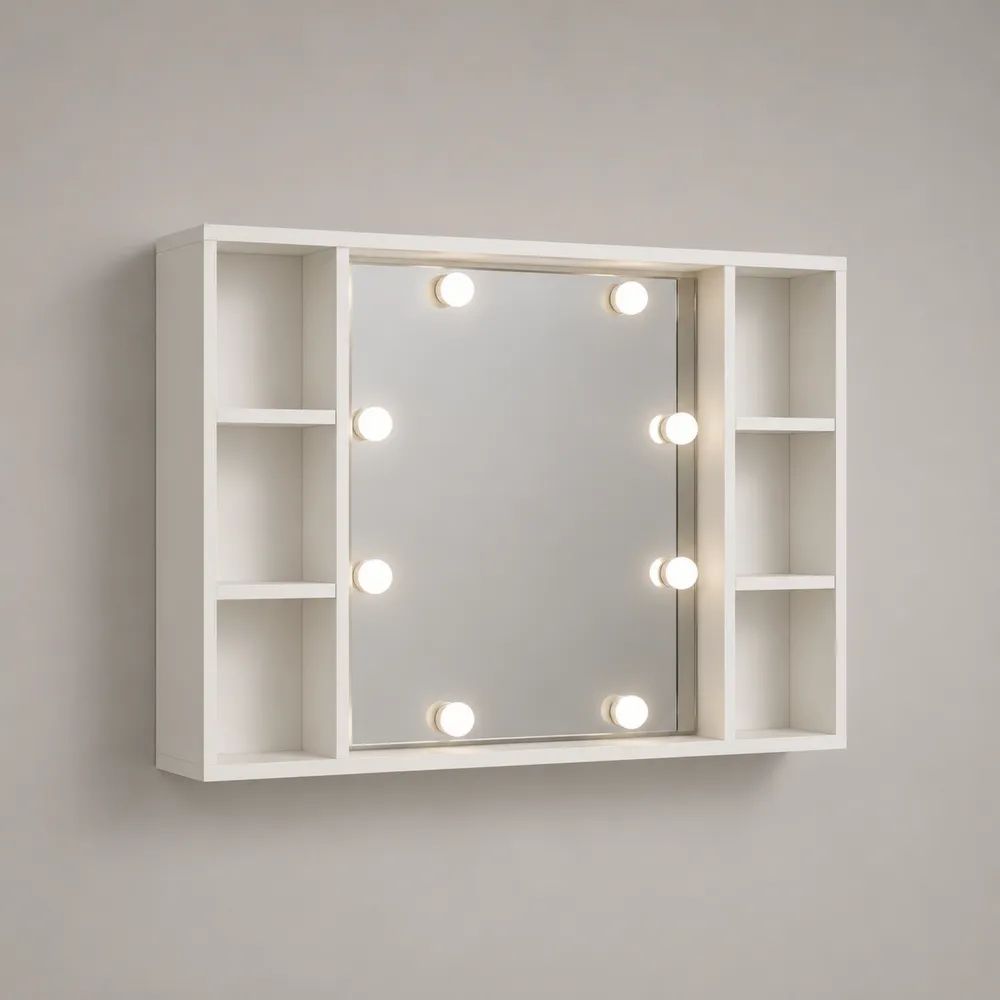 Mobile da bagno rettangolare sospeso in truciolare bianco con specchio, 8 luci LED e 6 vani, 80 x 15 x 65 cm