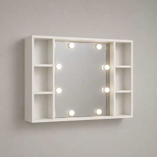 Mobile da bagno rettangolare sospeso in truciolare bianco con specchio, 8 luci LED e 6 vani, 80 x 15 x 65 cm