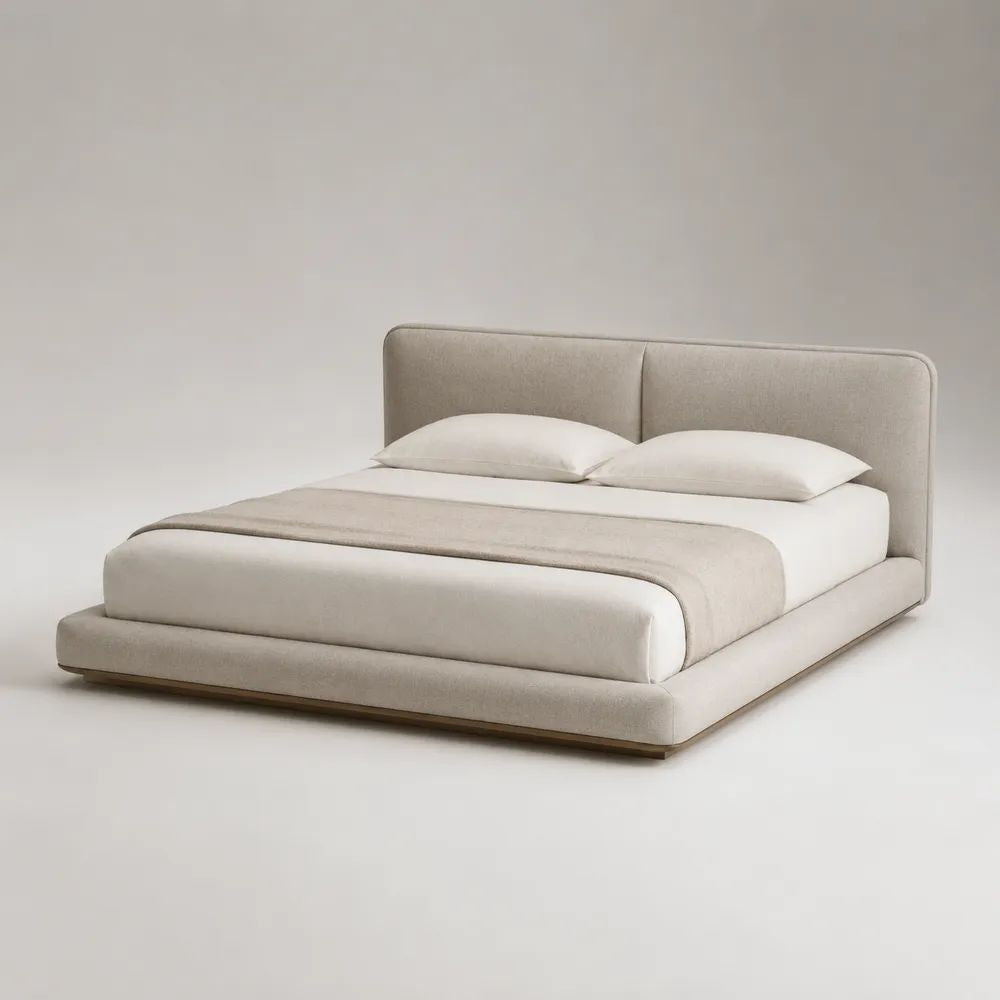 Letto matrimoniale imbottito in poliestere beige con testiera rettangolare e rete a doghe, materasso 160 x 200 cm, dimensioni 220 x 180 x 105 cm