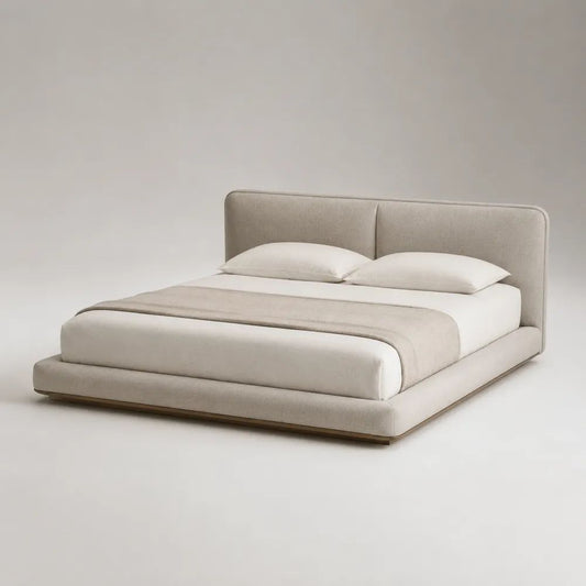 Letto matrimoniale imbottito in poliestere beige con testiera rettangolare e rete a doghe, materasso 160 x 200 cm, dimensioni 220 x 180 x 105 cm