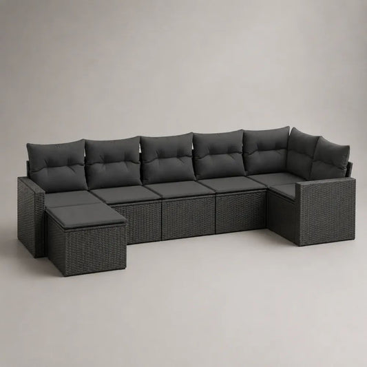 Set divano modulare da esterno 7 pezzi, 6 posti, in polyrattan PE nero con cuscini grigio scuro, 320 x 140 x 74 cm