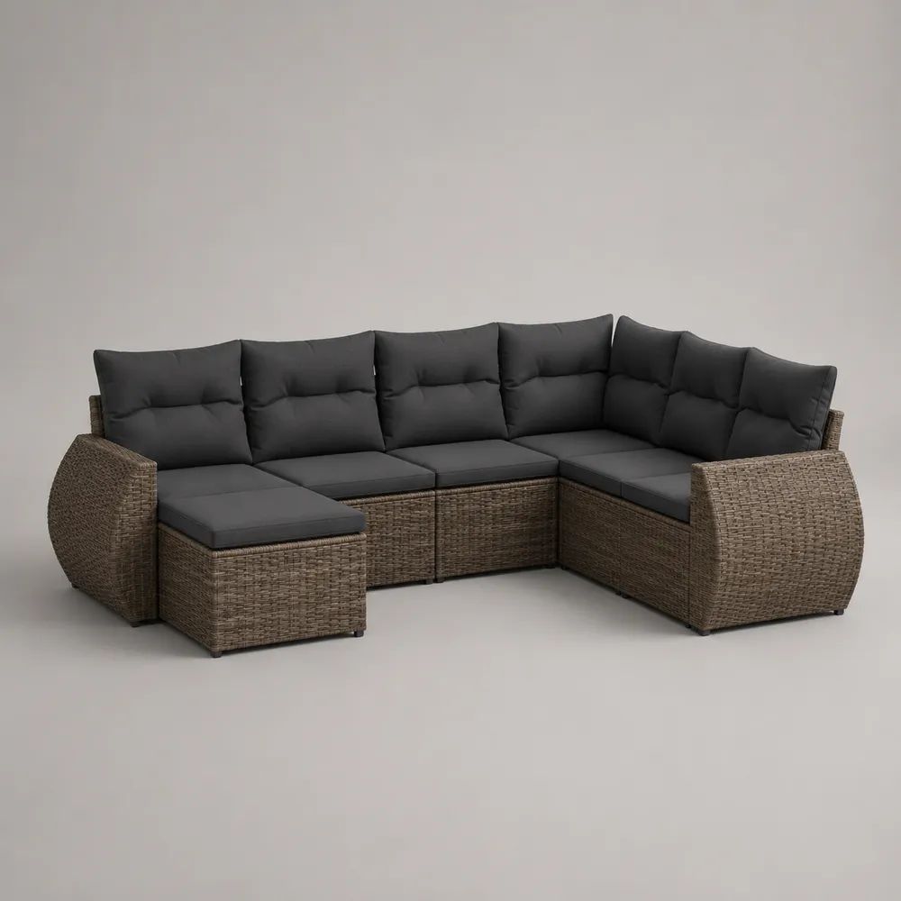 Set divano da giardino modulare a U 6 posti con pouf in rattan PE marrone e cuscini grigio antracite, 280 x 220 x 85 cm