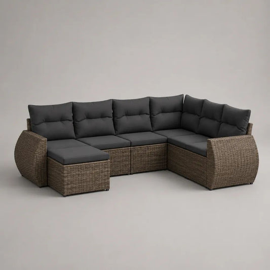 Set divano da giardino modulare a U 6 posti con pouf in rattan PE marrone e cuscini grigio antracite, 280 x 220 x 85 cm