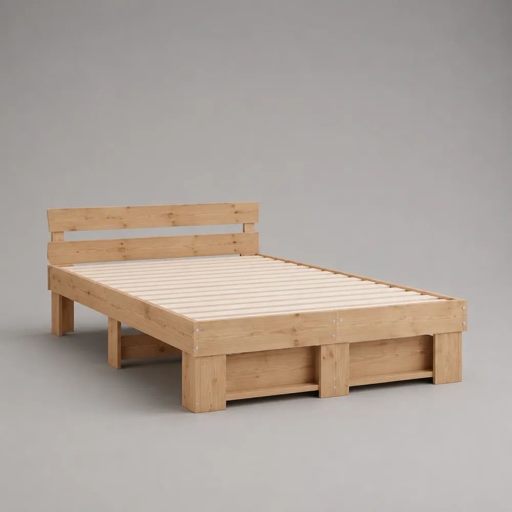 Letto matrimoniale rettangolare in legno con testiera e rete a doghe, marrone naturale, 140 × 200 cm