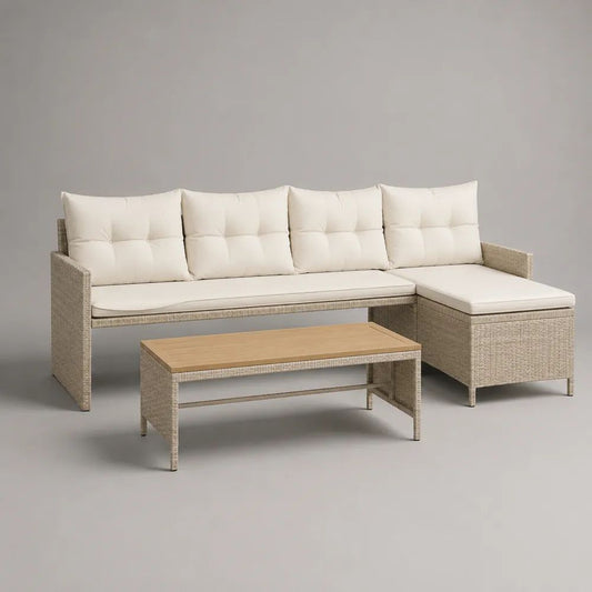 Set salotto da giardino 2 pezzi con divano a L 4 posti in rattan PE beige e cuscini crema, divano 194 x 136 x 78 cm e tavolino 90 x 50 x 38 cm