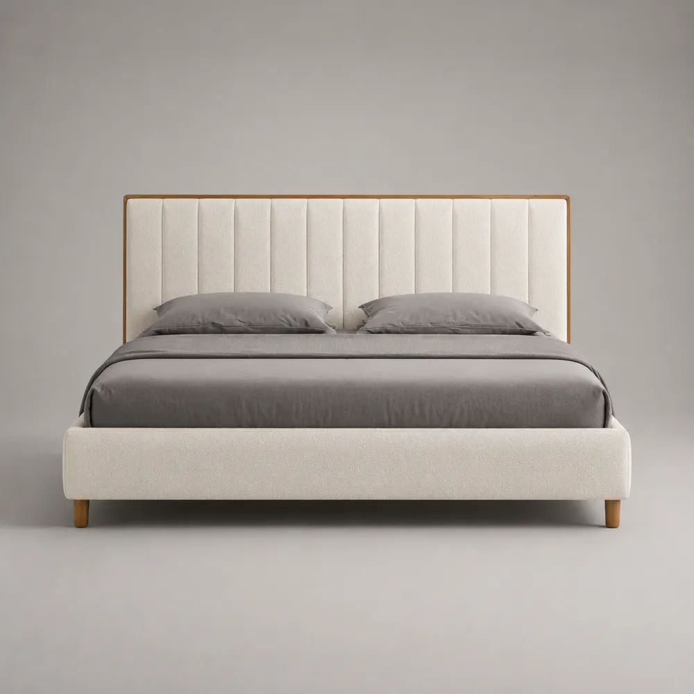 Letto matrimoniale imbottito 160 x 200 cm in tessuto bouclé crema con testiera alta e gambe in legno