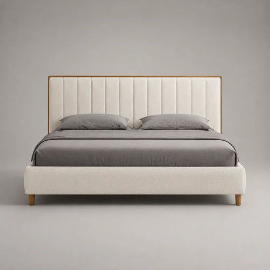 Letto matrimoniale imbottito 160 x 200 cm in tessuto bouclé crema con testiera alta e gambe in legno