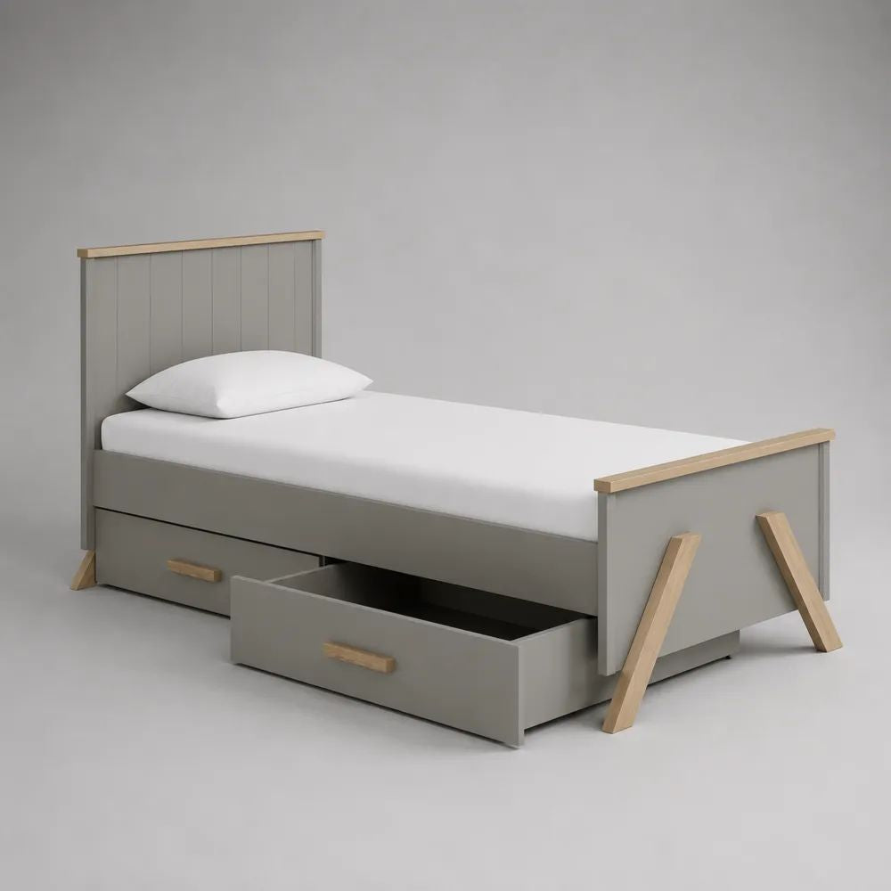 Letto singolo in legno con 2 cassetti, 201 x 101 x 105 cm, per materasso 90 x 190 cm, grigio/naturale