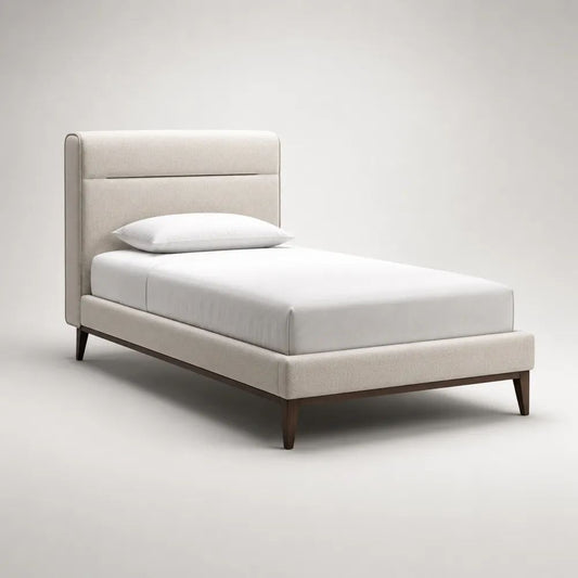 Letto singolo imbottito in tessuto beige con testiera e rete a doghe, 105 × 215 × 120 cm, per materasso 90 × 200 cm