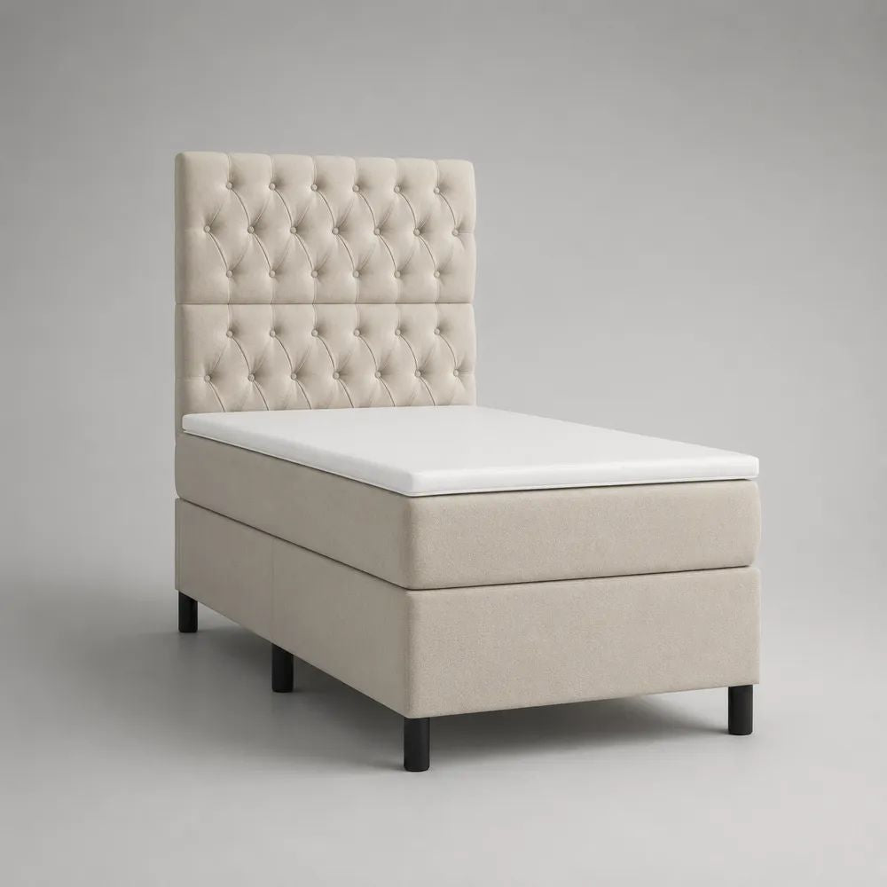 Set letto singolo continentale 90 x 200 cm in tessuto beige con materasso, sovramaterasso e testiera capitonné