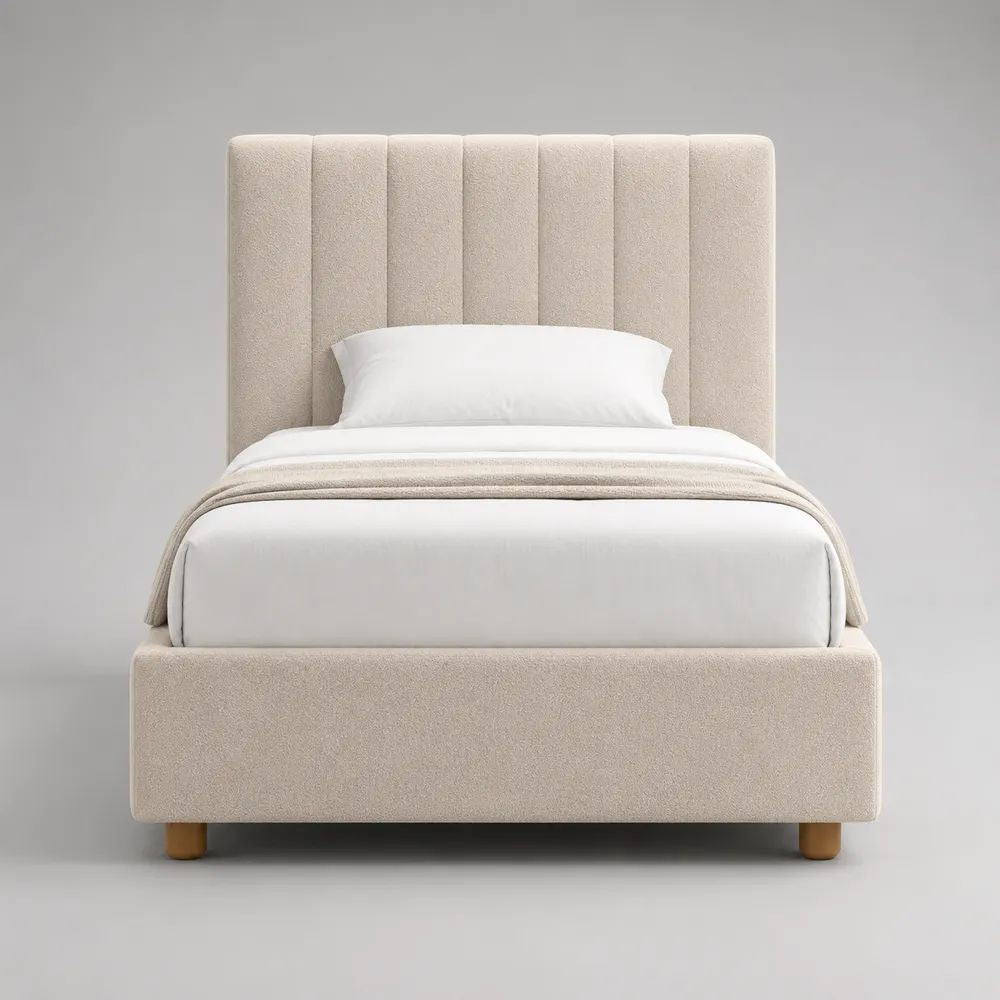 Letto singolo imbottito in bouclé beige chiaro con testiera scanalata e rete a doghe, 105 × 215 × 120 cm, per materasso 90 × 200 cm