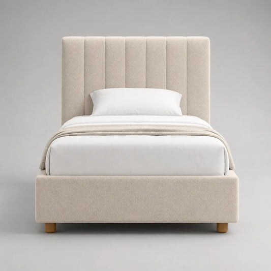 Letto singolo imbottito in bouclé beige chiaro con testiera scanalata e rete a doghe, 105 × 215 × 120 cm, per materasso 90 × 200 cm