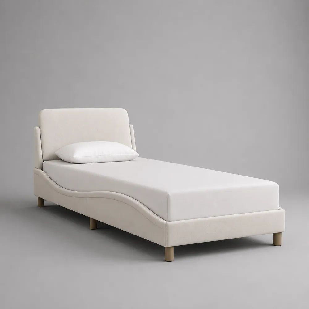 Letto singolo imbottito 90 x 200 cm con testiera rivestita in poliestere, bianco crema e legno naturale, 105 x 215 x 105 cm