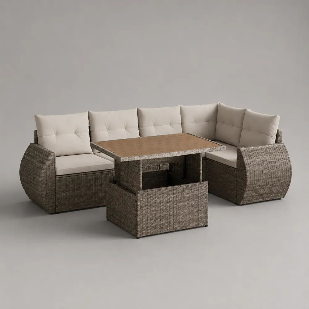 Salotto angolare da esterno a 5 posti con tavolo elevabile in rattan PE, tortora e beige, 230 x 172 x 80 cm